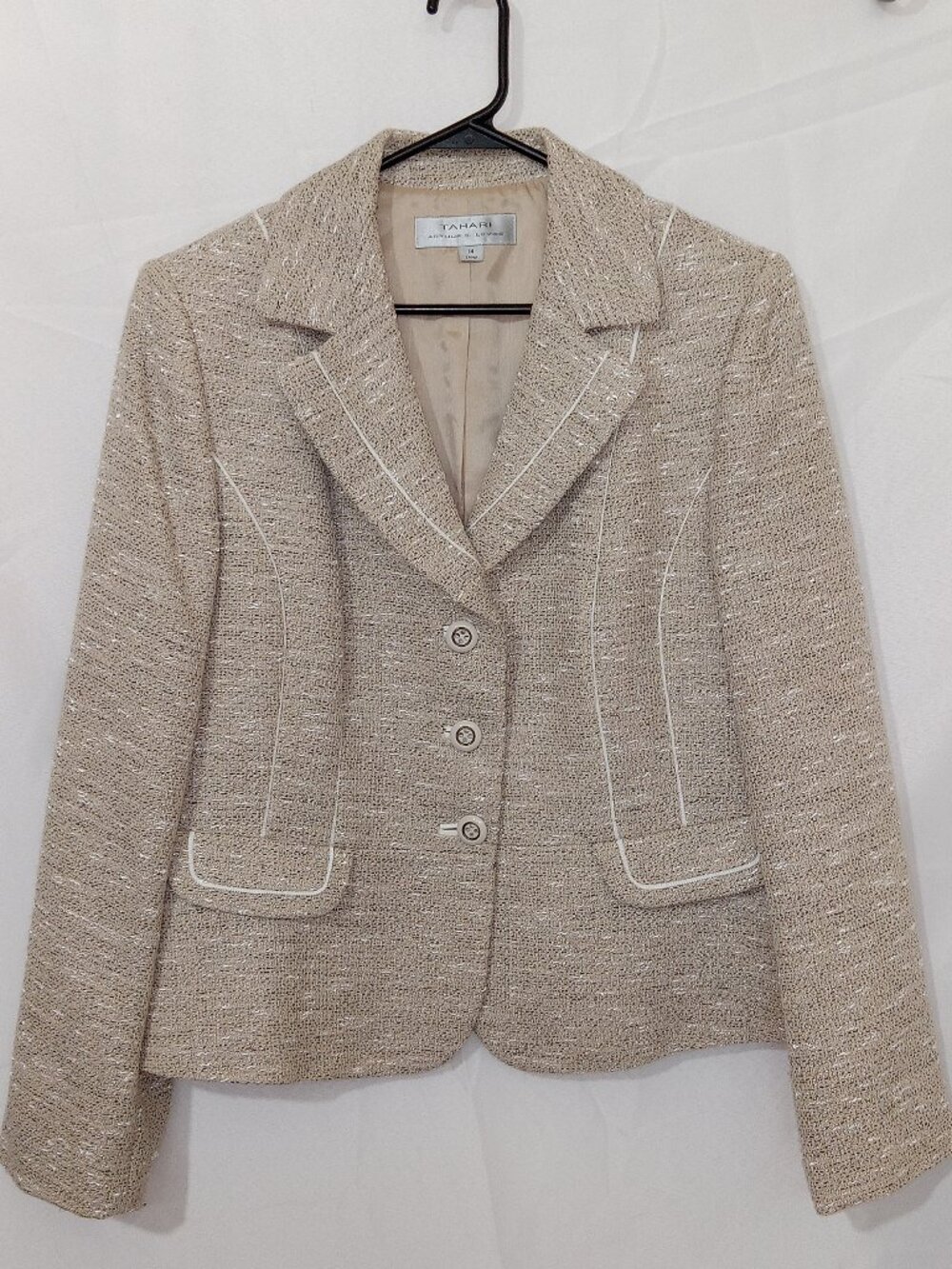 Tahari ASL Tweed Boucle Blazer Cream Metallic Thread Piped Trim Womens 14
